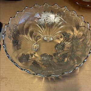 Clear Glass Bowl with Floral Design Silver Overlay 10 1/4 inch footed